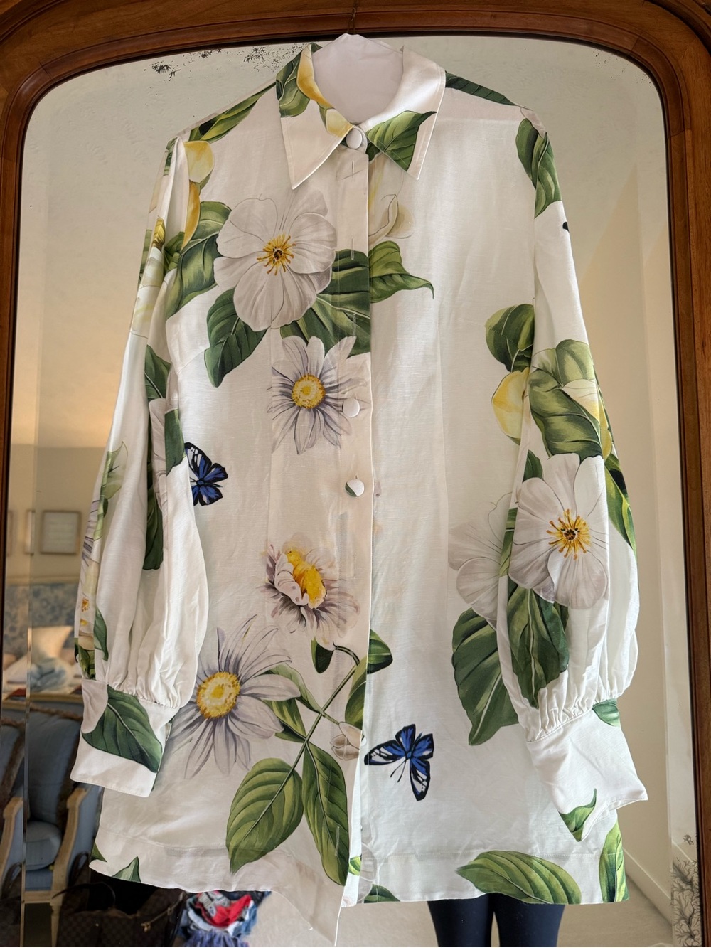 Leo Lin -White Floral Button-Up dress with Green Leaves and Blue Butterflies